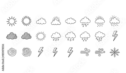 Hand Drawn Weather Icons Set Featuring Sun Clouds Rain Lightning Wind And Snowflake Symbols Keywords: weather icons, hand drawn, doodle, sun, clouds, rain, lightning, wind, snowflake, symbols