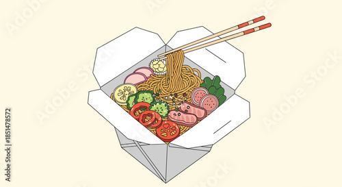 An appetizing illustration of chinese noodles with meat and vegetable toppings served in a classic white takeout box with chopsticks.