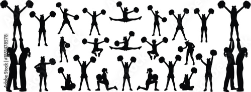 Cheerleader Silhouette Set Vector, Group of Women Performing Stunts, Jumps, and Poses, Cheerleading Sport, Team Performance Graphic