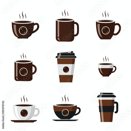 Assortment of nine warm, dark beverages in various cup styles, with steam rising