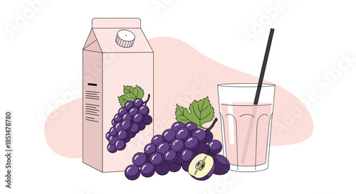 A refreshing composition of a grape juice carton, a full glass with a straw, and a bunch of fresh purple grapes.