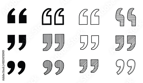 Set of Hand Drawn Quotation Mark Symbols in Various Styles and Fillings Keywords: quote, quotation mark, punctuation, symbol, icon, doodle, drawing, sketch, outline, filled, striped, lined, dotted