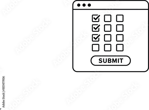 Minimalist black and white vector line illustration featuring a digital browser window with multiple checkboxes and a prominent submit button representing online surveys.