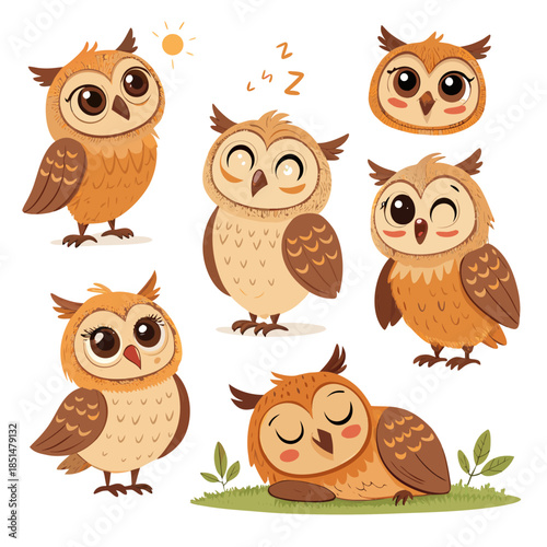 Adorable collection of eight cute cartoon owls in different poses like sleeping winking flying and standing on a white background.