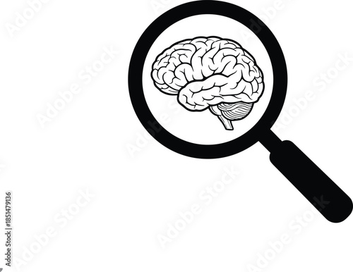 Minimalist black and white vector line illustration featuring a human brain viewed through a magnifying glass representing neurology research and cognitive analysis.
