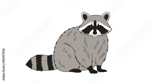 A charming and detailed illustration of a cute, fluffy raccoon sitting down and looking forward, isolated on a white background.