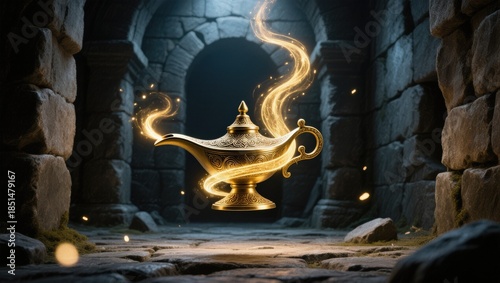 Golden Genie Lamp Emitting Swirling Magic, Discovered in an Ancient Stone Crypt, Concept of Wish Fulfillment and Hidden Fortune