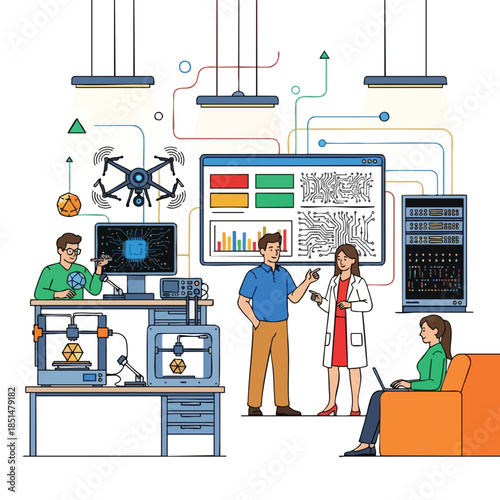 Tech lab with people, computers, drone, and 3D printers, connected by wires