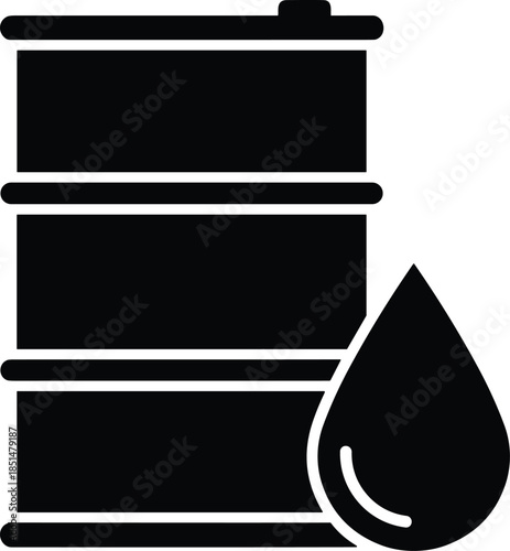 Minimalist black silhouette of a large industrial oil drum positioned next to a liquid droplet representing global petroleum energy and fossil fuel production.