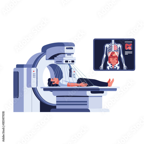 A person in a medical scanner with an x-ray image of the internal organs displayed