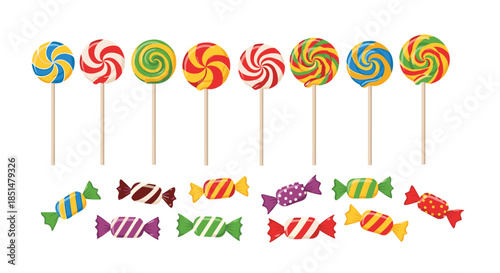 A sweet collection of colorful swirl lollipops on sticks and various wrapped hard candies, perfect for party and dessert themes.