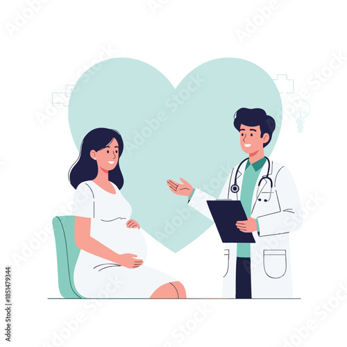 A doctor talks to a pregnant woman seated in a chair, a heart shape in the background