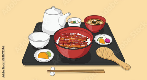 A traditional Japanese hitsumabushi or unagi don set meal with grilled eel on rice, soup, and side dishes on a tray.