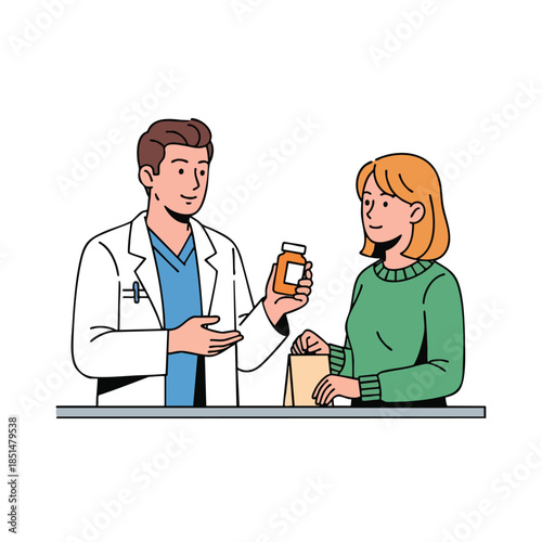 A pharmacist gives a pill bottle to a customer in a retail setting