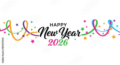 Colorful ribbons and confetti celebrate the upcoming new year of 2026 with a festive design