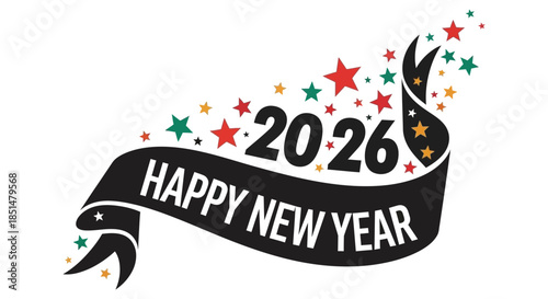 A festive design showcasing the year 2026 with a ribbon and sparkling star elements