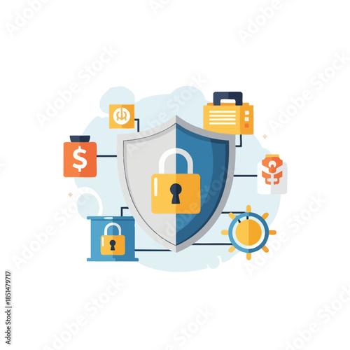 Illustration with security shield, padlock, and various icons representing assets