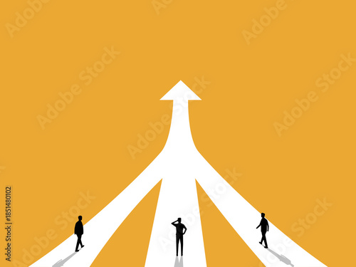 Three businessmen with three paths leading to the same goal
