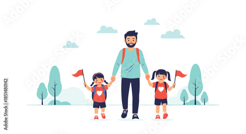 A loving father walking hand in hand with his two young daughters in a park, all carrying backpacks and small flags.