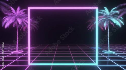 Vibrant neon square frame and tropical palm trees on a glowing cyber grid, creating a captivating retro-futuristic synthwave aesthetic backdrop with ample copy space