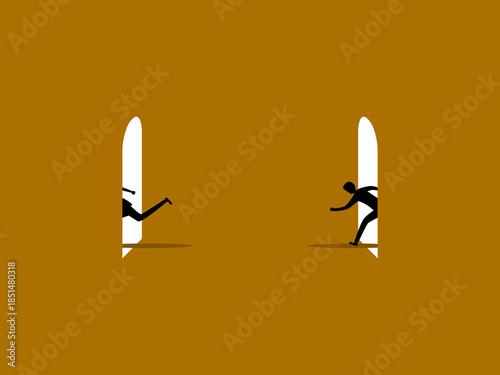 businessman ran through the doorway and back to where he started