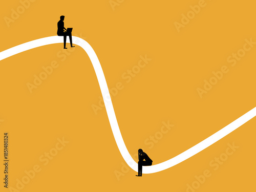 Two business people on a volatile chart have both good and bad experiences