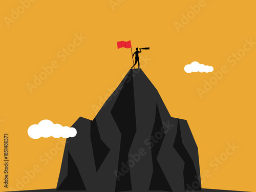 businessman with a flag on the mountain is looking for his next target.