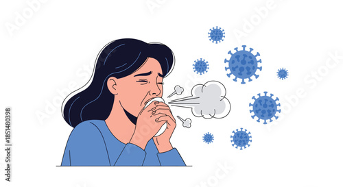 An illustration of a sick woman coughing or sneezing, spreading virus germs, representing illness and contagious disease concepts.