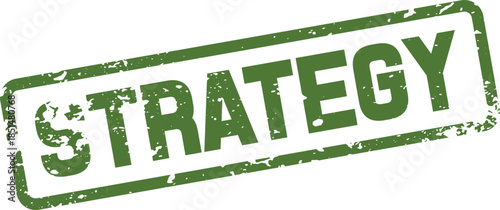 A grunge style green rubber stamp mark clearly showing the strategic word STRATEGY on a clean canvas