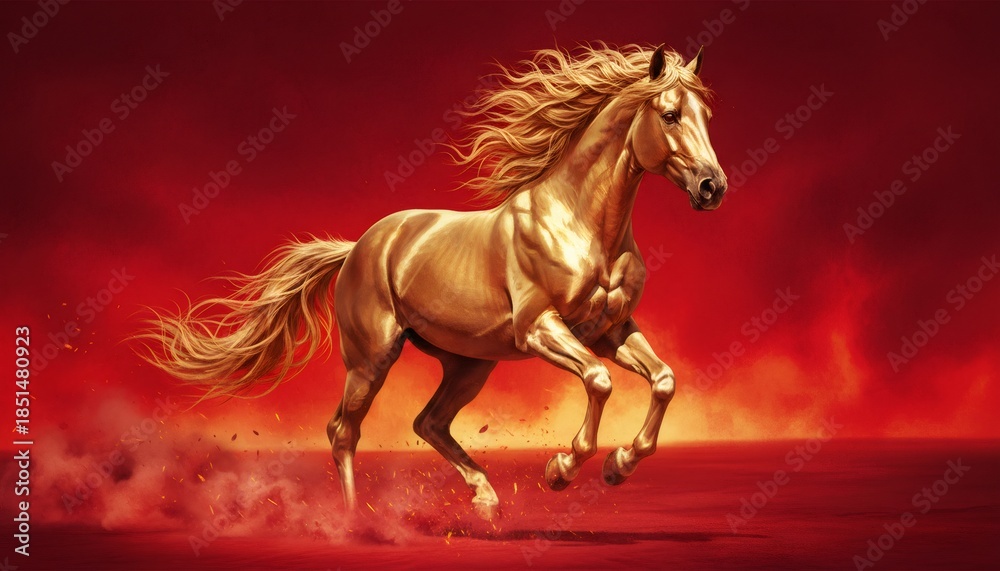 Fototapeta premium Golden Charging Stallion Against Fiery Red Background