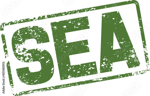 Distressed green rectangular rubber stamp with the bold uppercase word SEA clearly visible