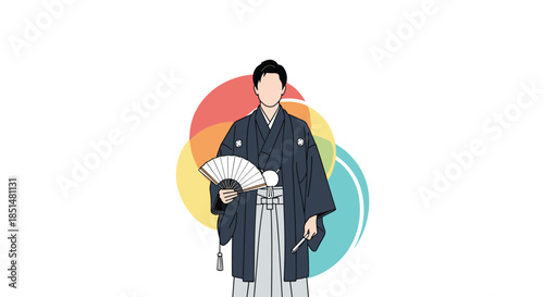 An elegant illustration of a Japanese man dressed in a traditional dark blue kimono and hakama, holding a folding fan.