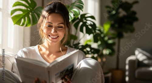 A young woman smiles while reading a book near a window with plants smiling