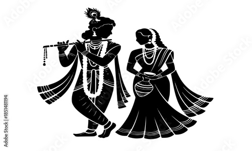 Spiritual silhouette of Radha and Krishna, Hindu deity playing flute with gopi, divine Indian religious couple icon for Janmashtami, love and devotion heritage illustration