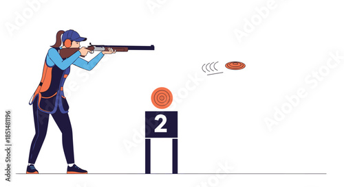 A female athlete participating in a clay pigeon shooting competition, aiming a shotgun at a target in a flat vector style.