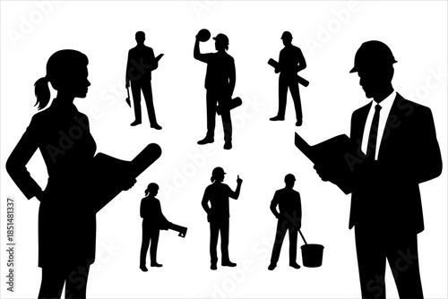 Silhouettes of construction and engineering professionals—holding tools, blueprints, and gear