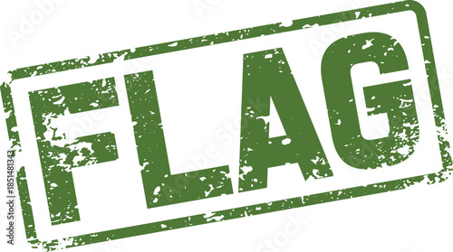 Distressed green rubber stamp impression showcasing the important word FLAG on a clean surface