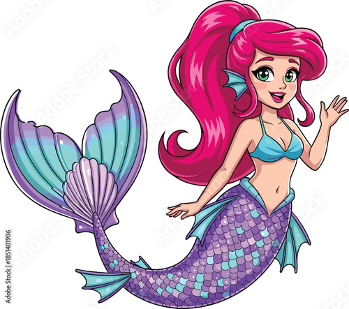 Beautiful Mermaid Character with Long Pink Hair and Purple Tail Waving Hand Isolated on White Background for Fantasy Kids Fairy Tale Illustration