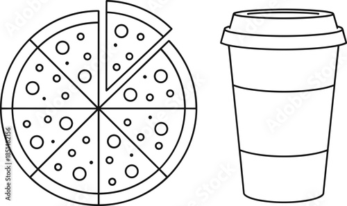 Black and white line art illustration featuring a sliced pepperoni pizza next to a disposable coffee cup with lid on white background.