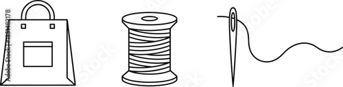 Clean black and white line art illustration of a sewing set featuring a shopping bag, a thread spool, and a needle with thread.