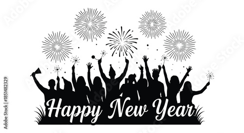 Celebratory silhouettes of people raising their arms amidst a vibrant new year s firework display