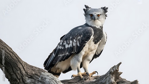 Majestic harpy eagle perched on a thick, weathered tree branch against a bright, pale sky in its natural habitat