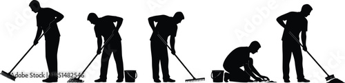 Cleaning and maintenance workers silhouettes set, sweeping, mopping, raking, scrubbing floor, various poses, professional service, isolated black figures on white background.