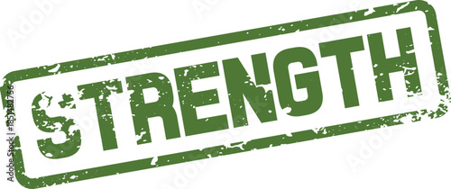 A distressed green rectangular rubber stamp with the bold uppercase word STRENGTH in its center
