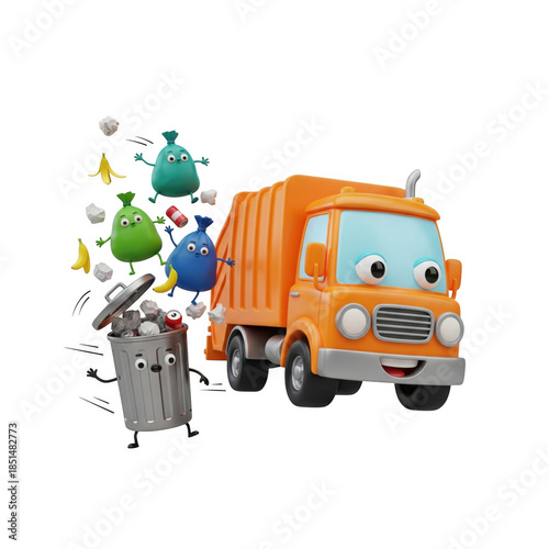 Animated garbage truck cheerfully collecting anthropomorphic trash characters