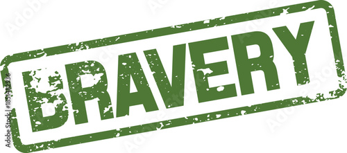 Green rectangular rubber stamp showing the distressed word BRAVERY for strong virtues