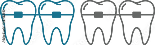 Vector illustration set of dental teeth with metal braces and wire for orthodontic treatment concept isolated on a white background.