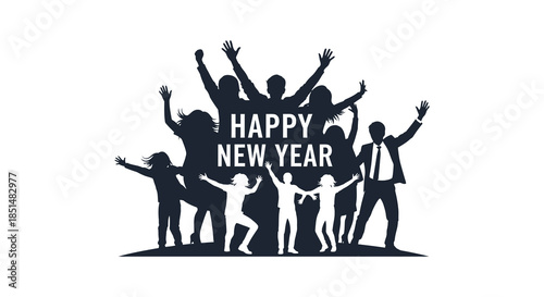 A joyful silhouette of a crowd celebrating the happy new year with raised hands