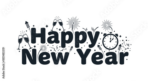 Festive new year greeting with sparkling champagne glasses clock and celebratory fireworks design