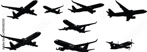 Collection of commercial passenger airplane silhouettes: jet aircraft, turboprop plane, and large airliner fleet flying in different angles, isolated vectors for aviation, travel, 